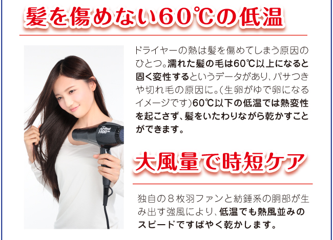 髪を傷めない60℃の低温。大風量で時短ケア。