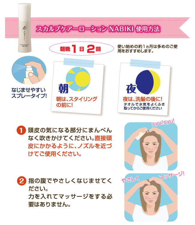 スカルプケアNABIKI使用方法 スカルプ 髪 なびき NABIKI NABIKI 使用方法 スプレー マッサージ インターナショナルホームメディカル IHM IHM international homemedical