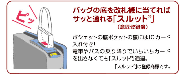スルット バッグの底を改札機に当てればサッと通れる「スルット」。意匠登録済!ポシェット底のポケットにはICカード入れ付き!電車やバスの乗り降りでいちいちカードを出さなくても「スルット」通過。