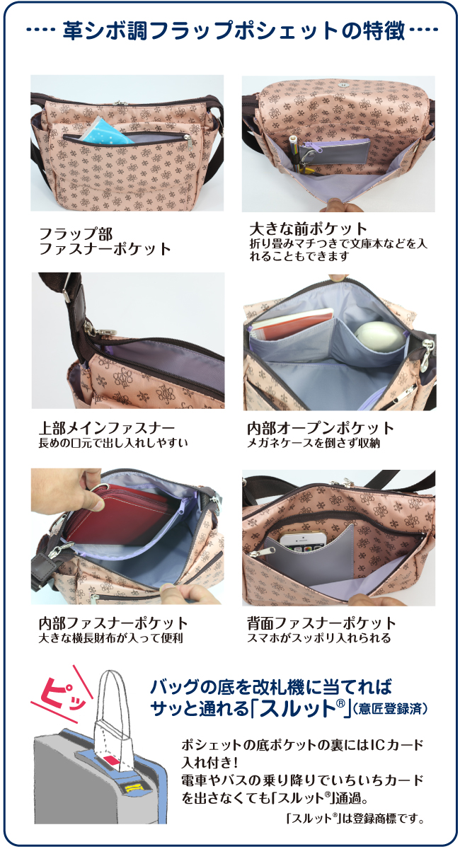 フラップポシェットの特徴 フラップ部・前部・内部・背面とたくさんのポケットがついているためポケットごとに用途を分けて収納できます。